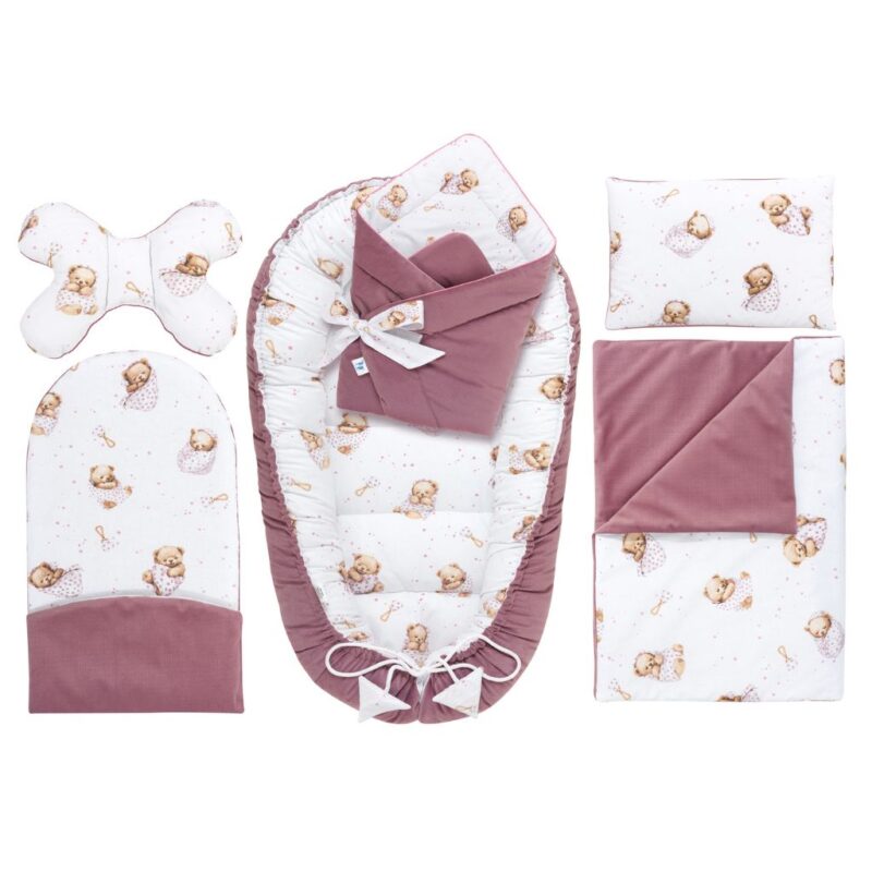 Wyprawka niemowlęca 6-elementowa - White Sleeping Teddy Bear - bawełna/velvet