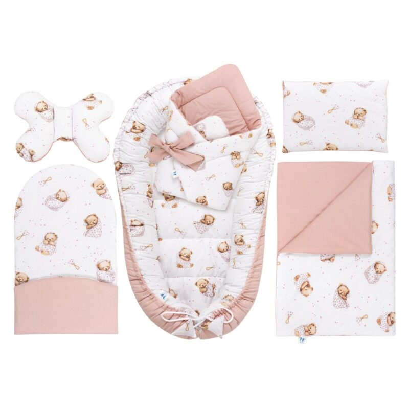 Wyprawka niemowlęca 6-elementowa - White Sleeping Teddy Bear - bawełna