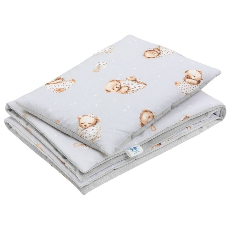 Zestaw poduszka 25x35 i kocyk 55x75 - Sleeping Teddy Bear - bawełna/velvet