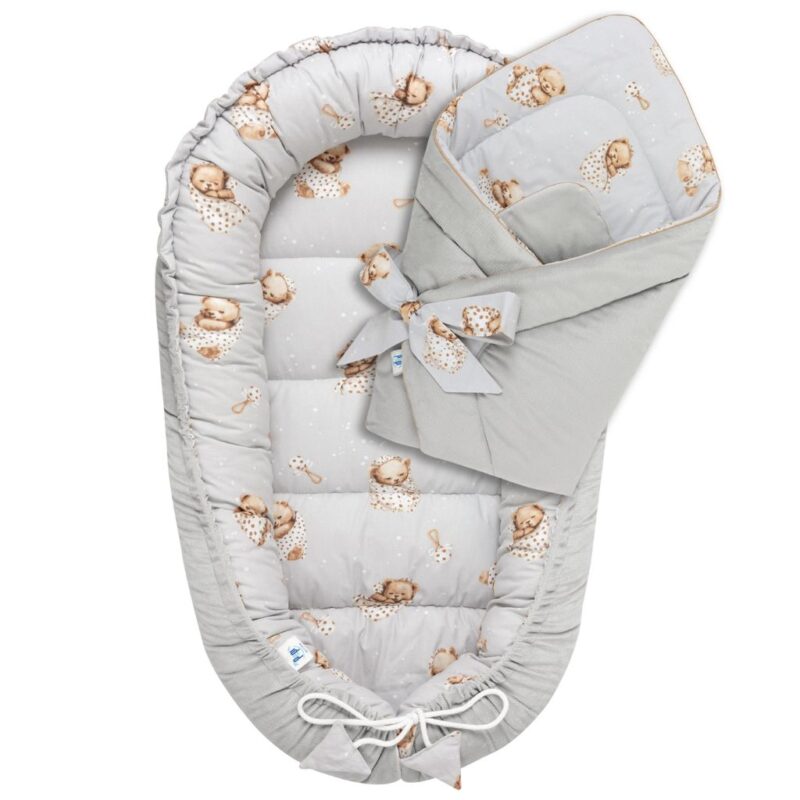 Zestaw kokon z rożkiem - Sleeping Teddy Bear - bawełna/velvet