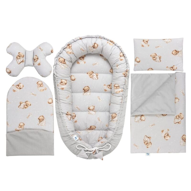 Wyprawka niemowlęca 5-elementowa - Sleeping Teddy Bear - bawełna/velvet