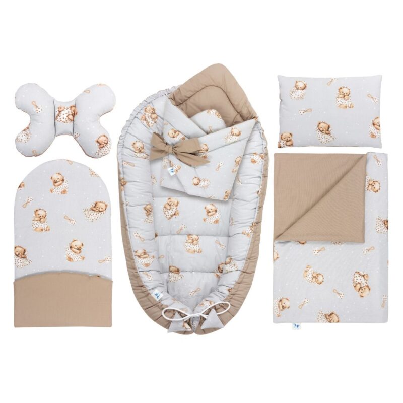 Wyprawka niemowlęca 6-elementowa - Sleeping Teddy Bear cappucino - bawełna