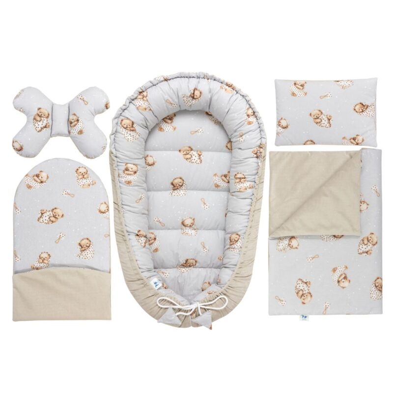 Wyprawka niemowlęca 5-elementowa - Sleeping Teddy Bear cappucino - bawełna/velvet
