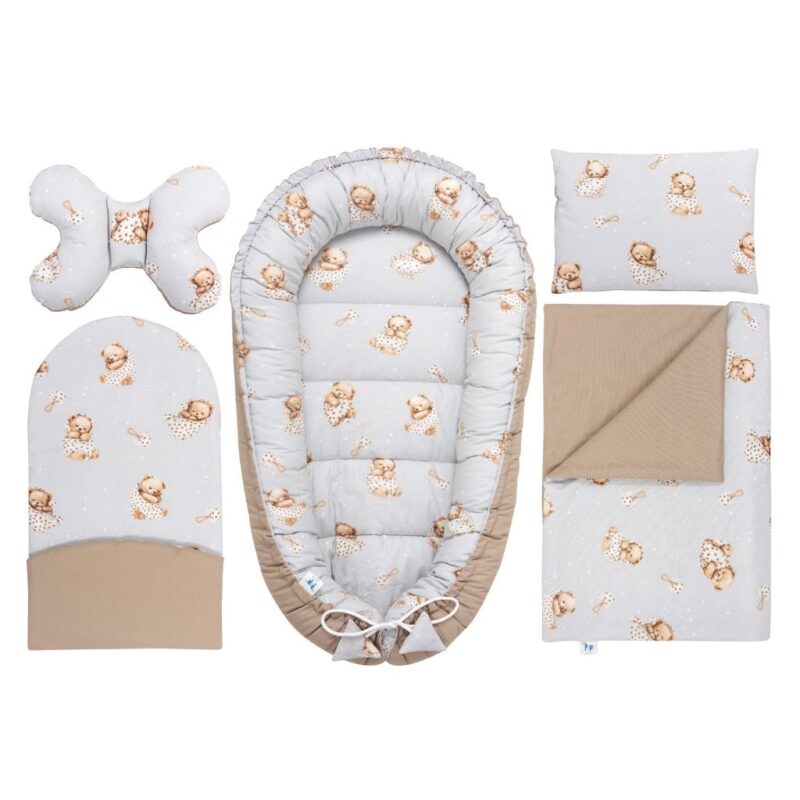 Wyprawka niemowlęca 5-elementowa - Sleeping Teddy Bear cappucino - bawełna