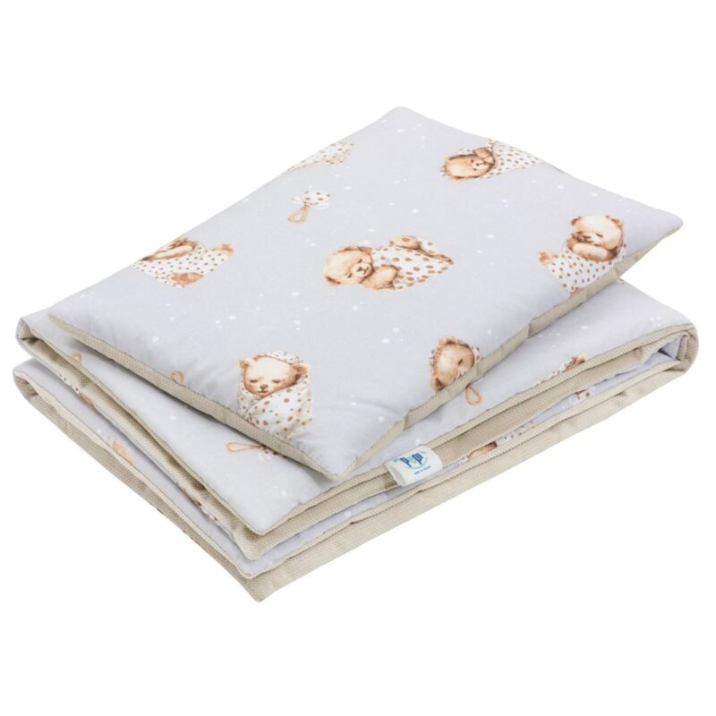 Zestaw poduszka 25x35 i kocyk 55x75 - Sleeping Teddy Bear cappucino - bawełna/velvet