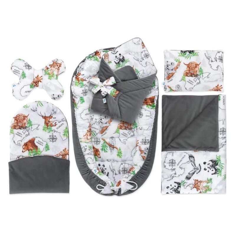 Wyprawka niemowlęca 6-elementowa - Wild Land dark grey - bawełna/velvet