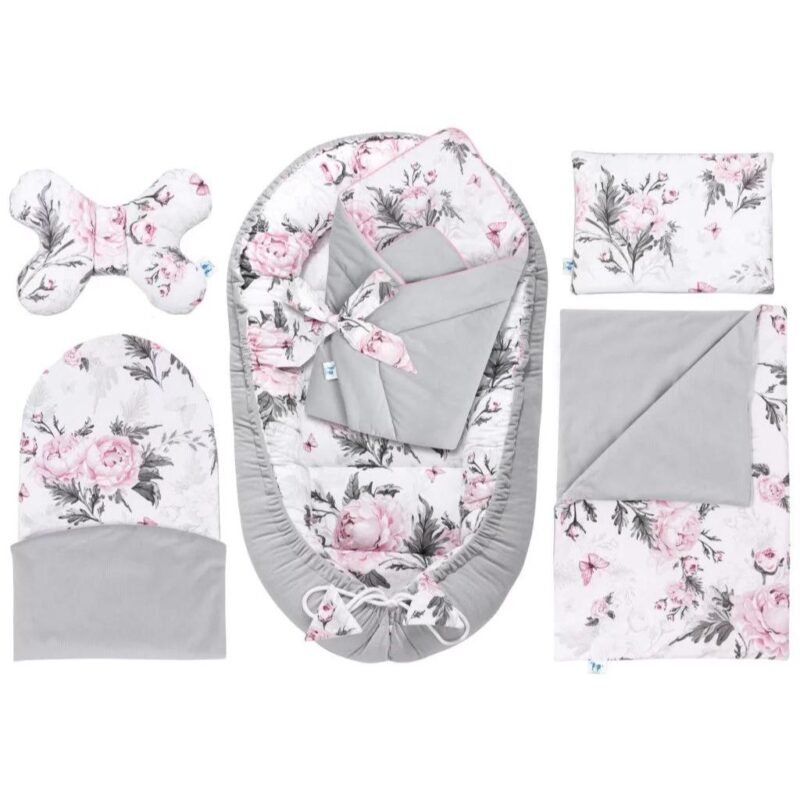 Wyprawka niemowlęca 6-elementowa - Pink Flowers grey - bawełna/velvet