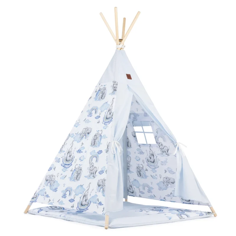 Namiot TIPI dla dzieci Wigwam z okienkiem Eledreams Blue - zestaw z matą + GRATIS stabilizator