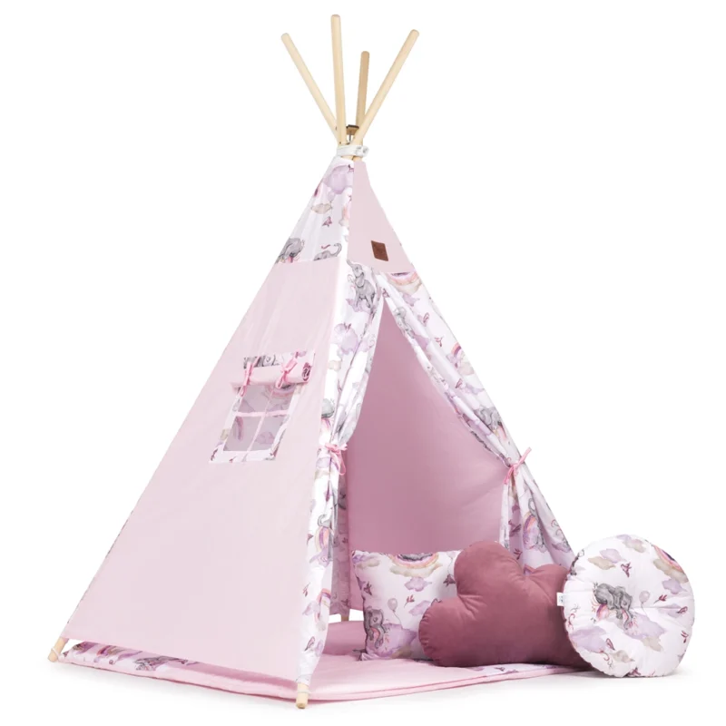 Namiot TIPI dla dzieci Wigwam z okienkiem Eledreams Pink - zestaw z matą i 3 poduszkami + GRATIS stabilizator
