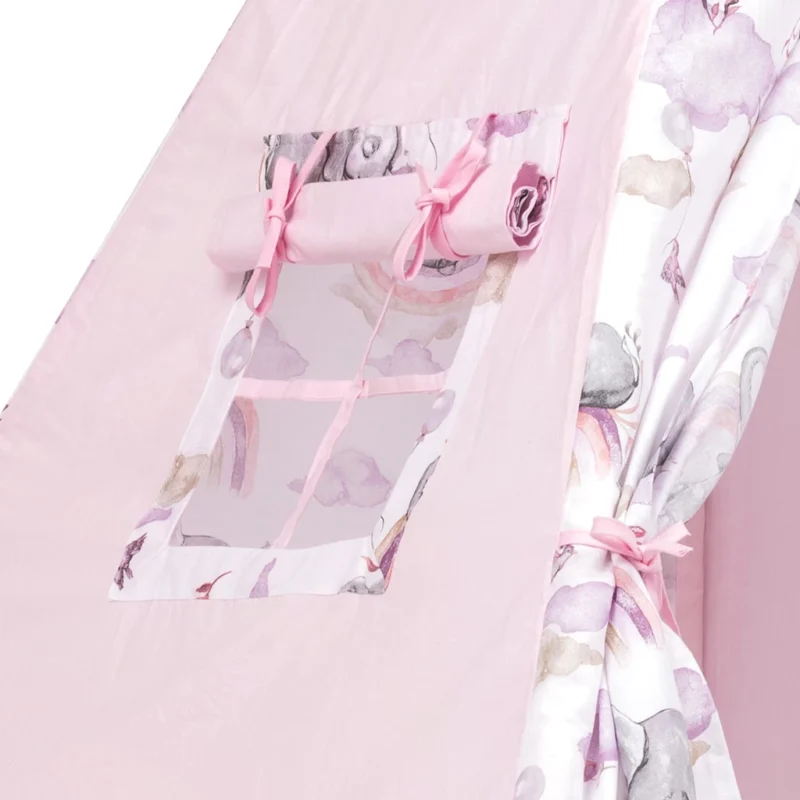 Namiot TIPI dla dzieci Wigwam z okienkiem Eledreams Pink - zestaw z matą i 3 poduszkami + GRATIS stabilizator - obrazek 4