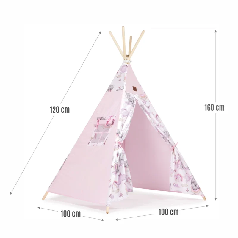 Namiot TIPI dla dzieci Wigwam z okienkiem Eledreams Pink - zestaw z matą i 3 poduszkami + GRATIS stabilizator - obrazek 2