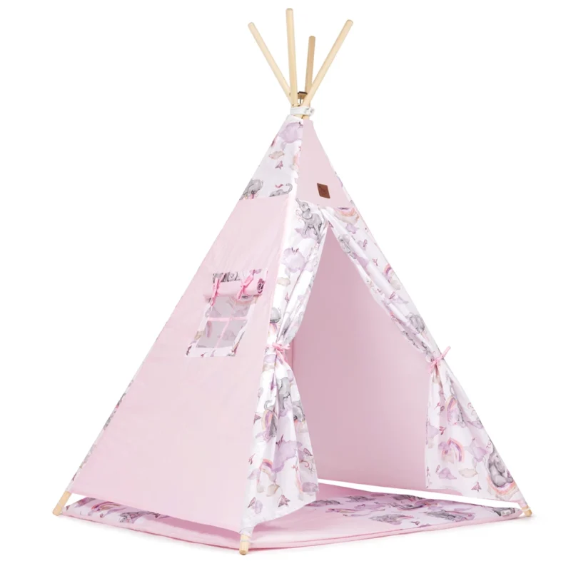 Namiot TIPI dla dzieci Wigwam z okienkiem Eledreams Pink - zestaw z matą + GRATIS stabilizator