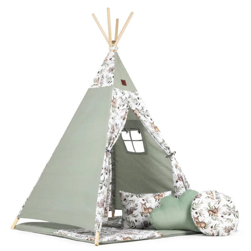 Namiot TIPI dla dzieci Wigwam z okienkiem Green Groove - zestaw z matą i 3 poduszkami + GRATIS stabilizator
