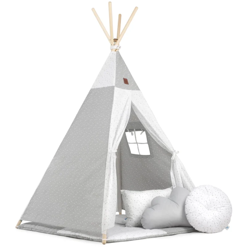 Namiot TIPI dla dzieci Wigwam z okienkiem Grey Galaxy - zestaw z matą i 3 poduszkami + GRATIS stabilizator