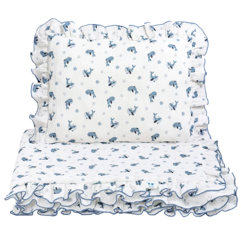 Zestaw Muślinowy z falbankami Premium kocyk 75×100 i poduszka 30×40 Blue Dreams