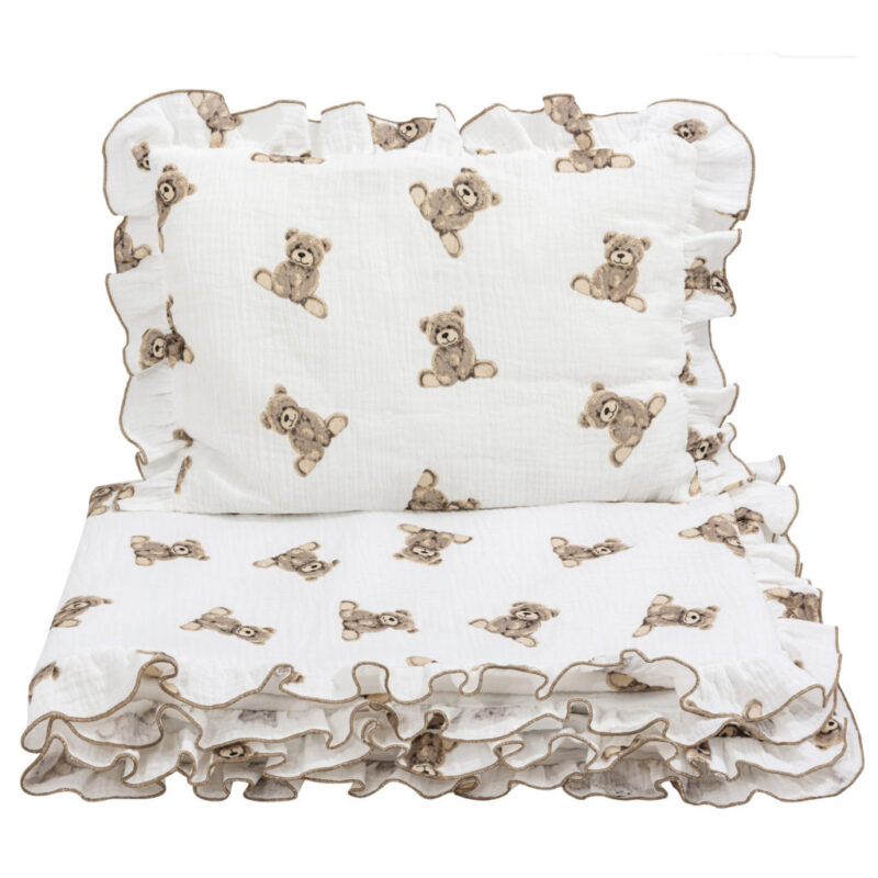 Zestaw Muślinowy z falbankami Premium kocyk 75×100 i poduszka 30×40 Sweet Teddy