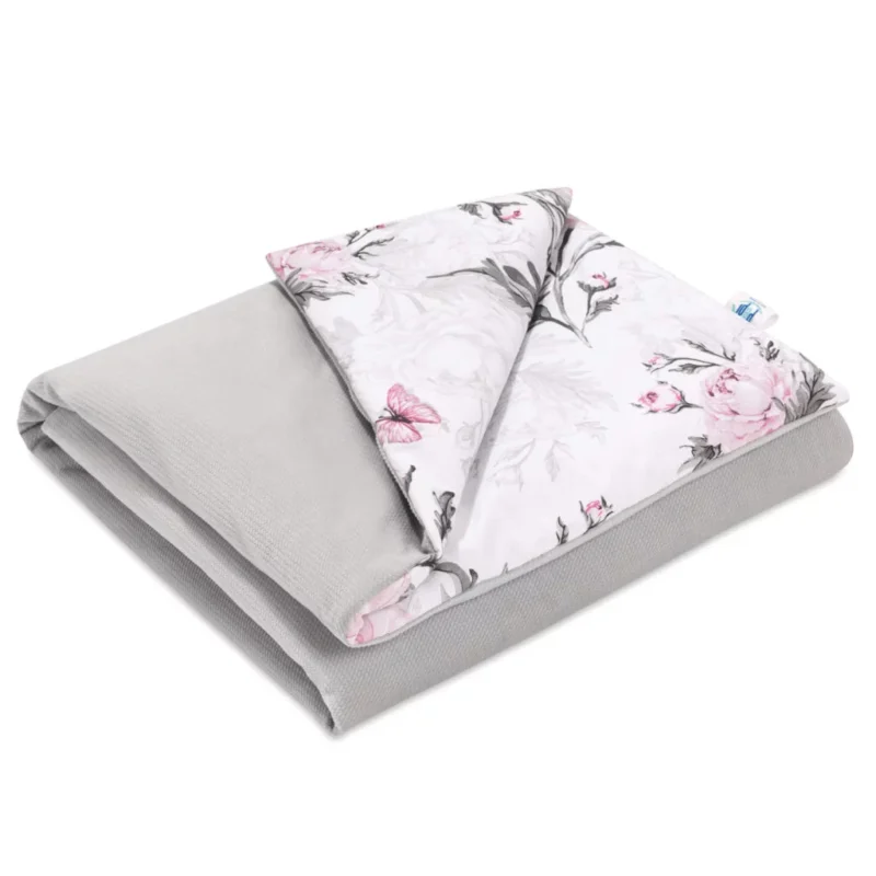 Kocyk bawełniany 75×100 z wypełnieniem Pink Flowers z velvetem grey