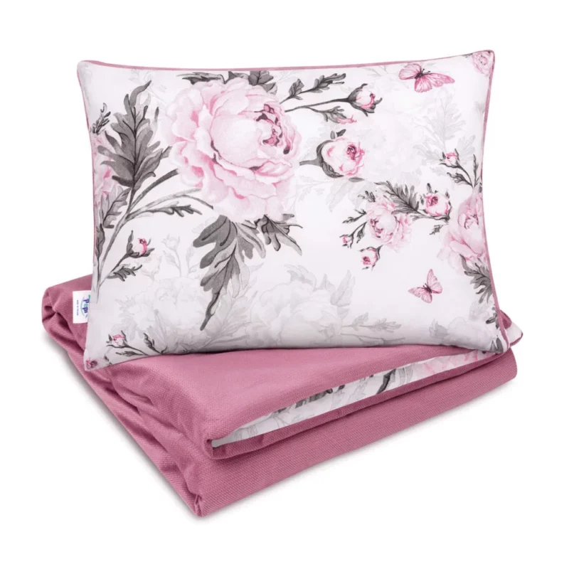 Zestaw kocyk 75×100 i poduszka 30×40 Pink Flowers z velvetem old rosa
