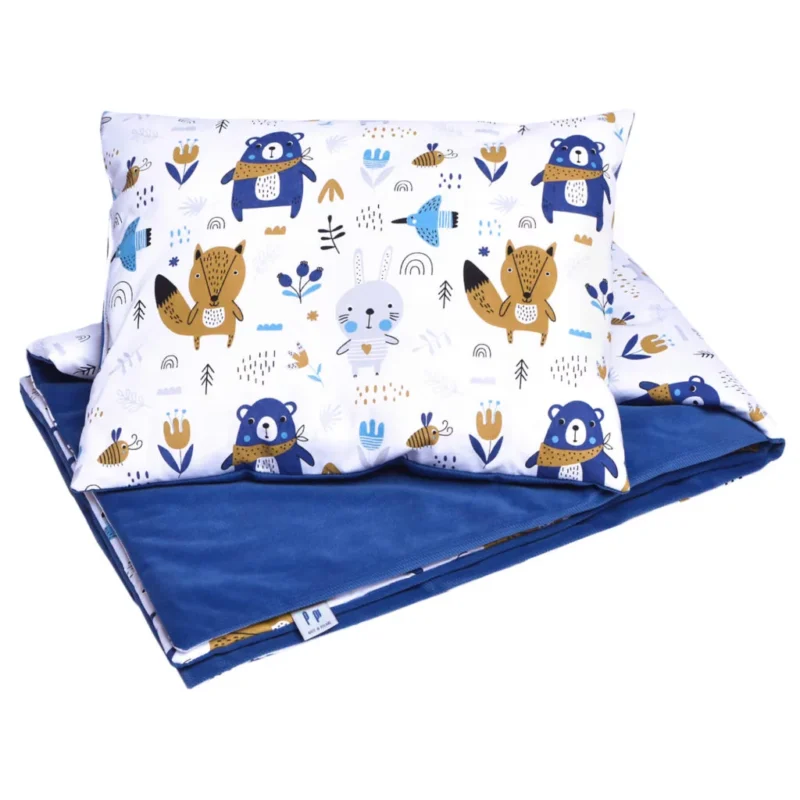 Zestaw kocyk 75×100 i poduszka 30×40 blue bear z velvetem granatowym
