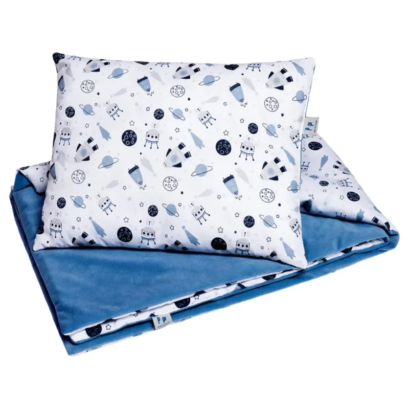 Zestaw kocyk 75×100 i poduszka 30×40 magic space z velvetem jeans