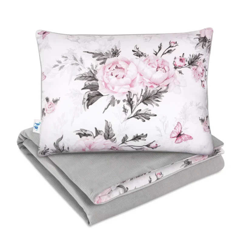 Zestaw kocyk 75×100 i poduszka 30×40 Pink Flowers z velvetem grey