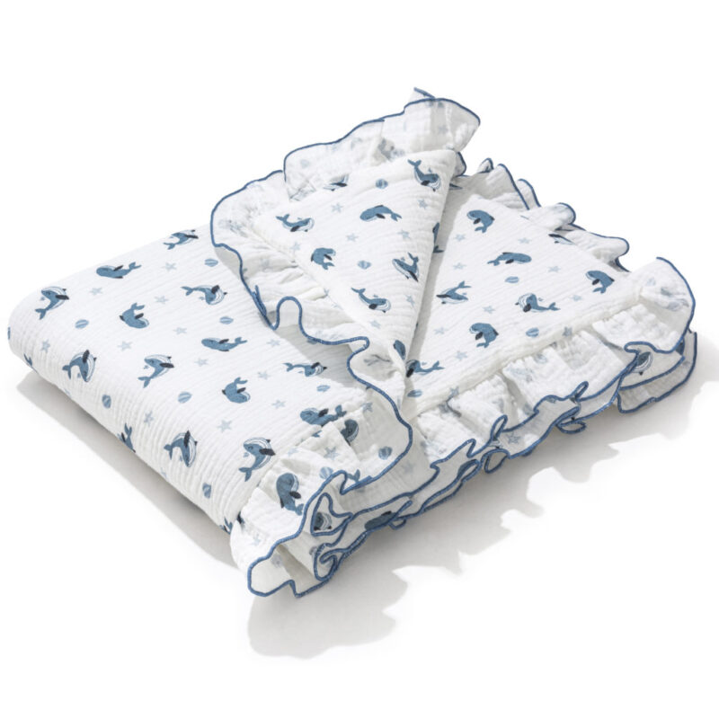 Zestaw Muślinowy z falbankami Premium kocyk 75×100 i poduszka 30×40 Blue Dreams - obrazek 4