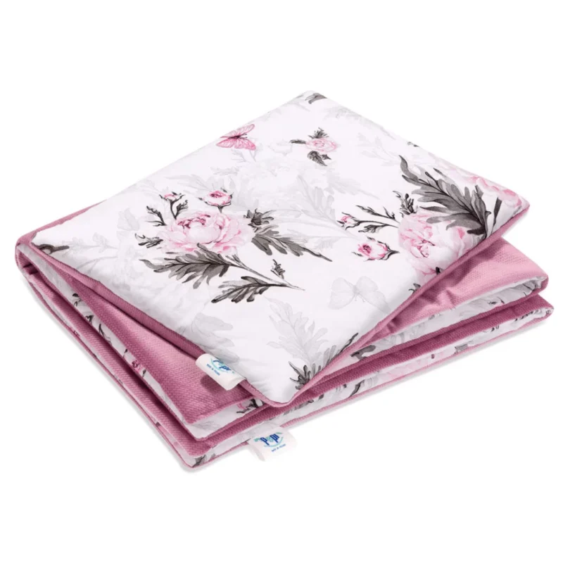 Zestaw kocyk 55×75 i płaska poduszka 25×35 Pink Flowers z velvetem old rosa