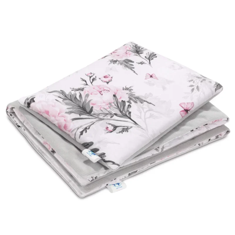 Zestaw kocyk 55×75 i płaska poduszka 25×35 Pink Flowers z velvetem grey