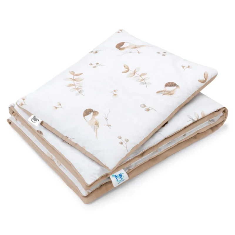 Zestaw poduszka 25x35 i kocyk 55x75 - Lovely Bird cappucino - bawełna
