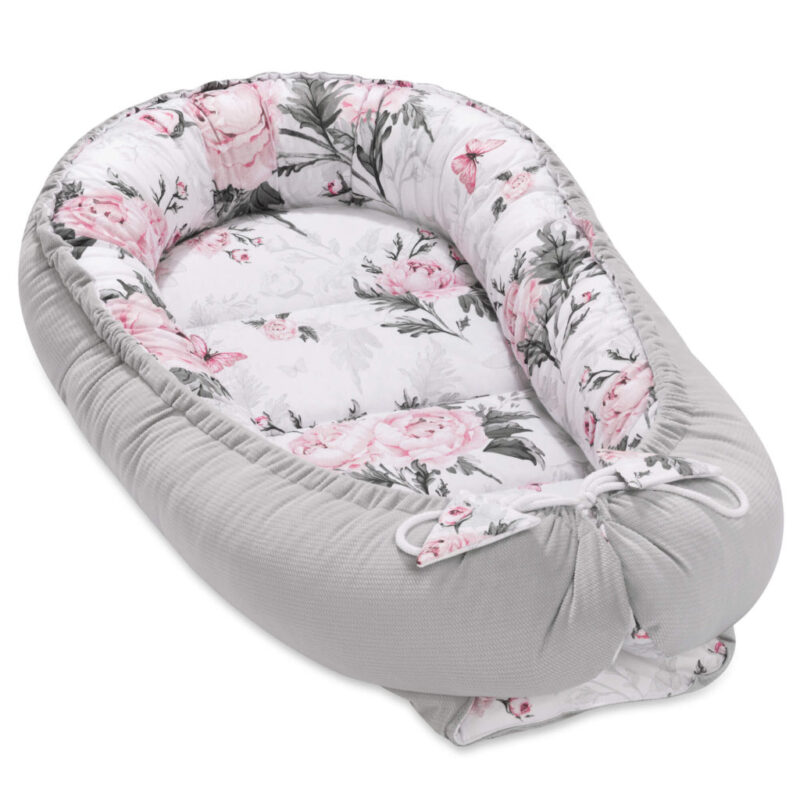 Komfortowy dwustronny kokon - Pink Flowers z velvetem grey