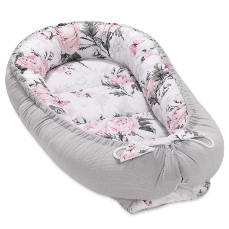 Wyprawka niemowlęca 5-elementowa - Pink Flowers grey - bawełna/velvet - obrazek 2