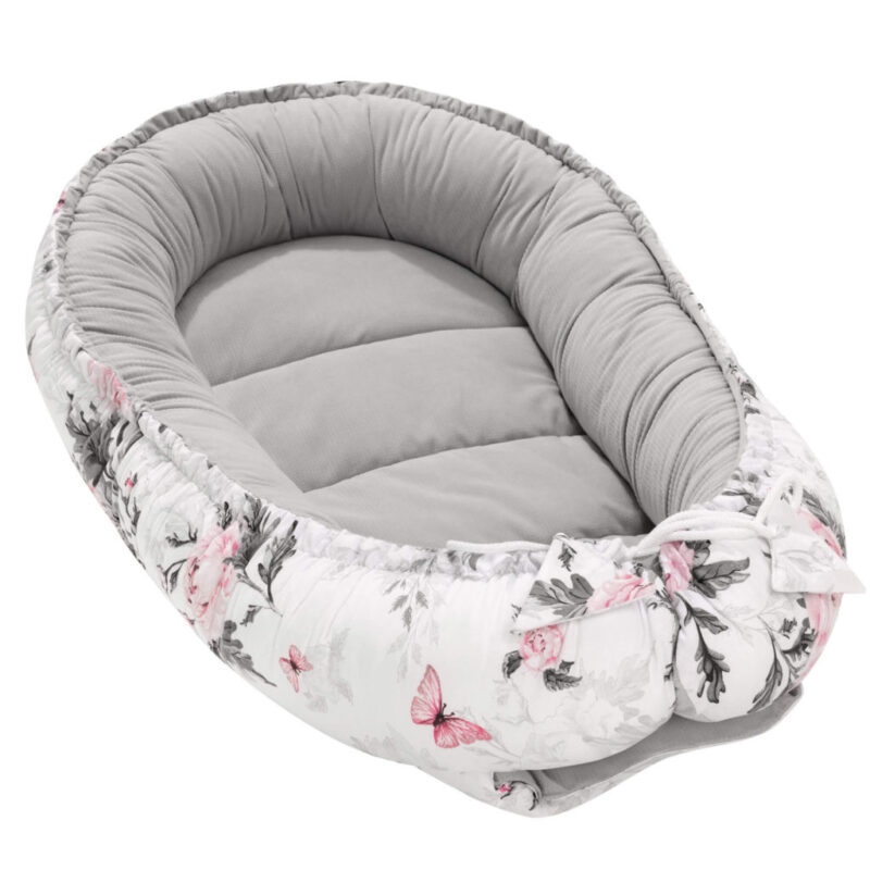 Kokon - Pink Flowers grey - bawełna/velvet - obrazek 2