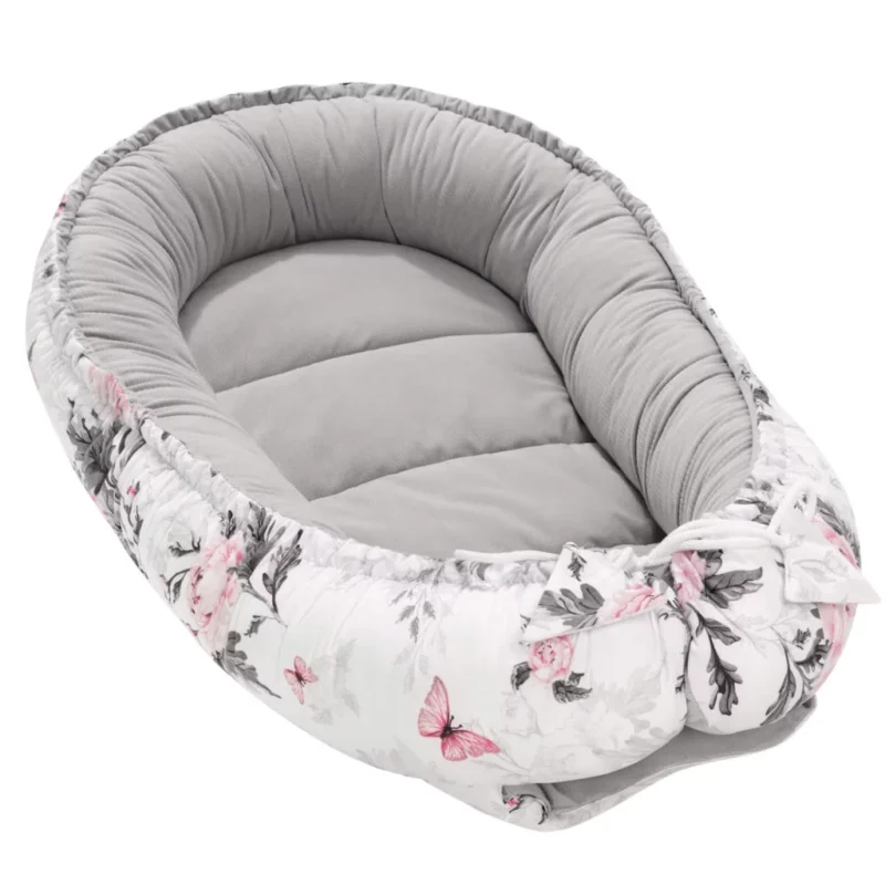 Wyprawka niemowlęca 5-elementowa - Pink Flowers grey - bawełna/velvet - obrazek 3