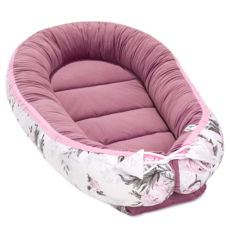 Komfortowy dwustronny kokon - Pink Flowers z velvetem old rosa - obrazek 2