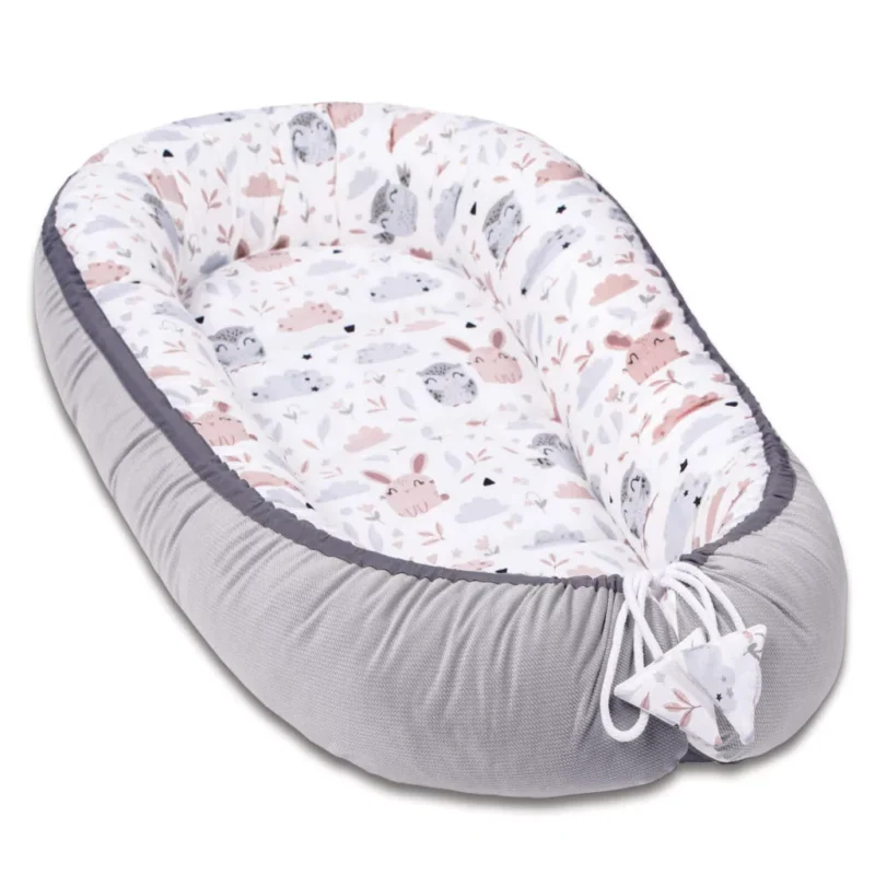 Komfortowy dwustronny kokon - Forest Friends z velvetem grey