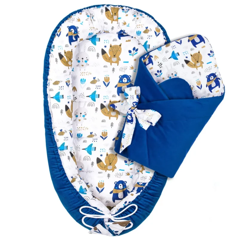 Zestaw kokon z rożkiem - Blue Bear - bawełna/velvet