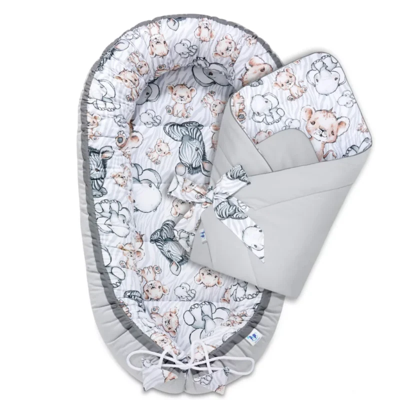 Zestaw kokon z rożkiem - Safari grey - bawełna/velvet