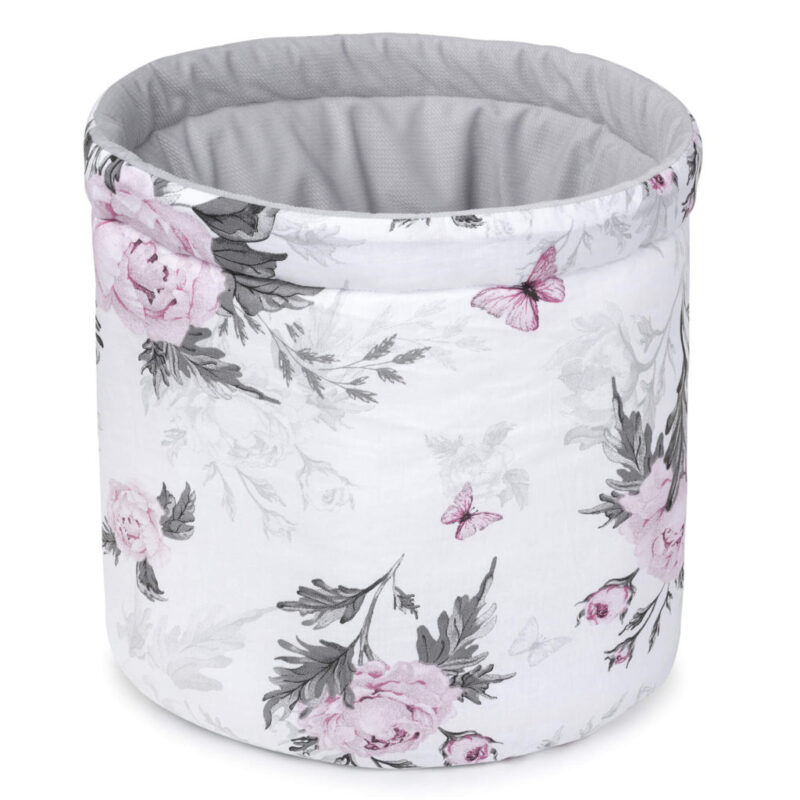 Koszyk Pojemnik z Materiału na Akcesoria dla Niemowlaka Pink Flowers z velvetem grey - obrazek 2