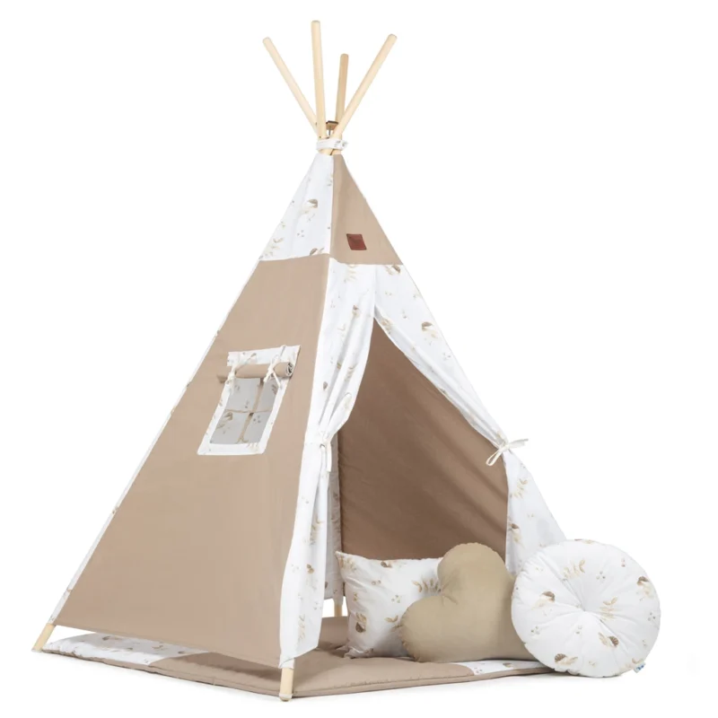 Namiot TIPI dla dzieci Wigwam z okienkiem Lovely Bird - zestaw z matą i 3 poduszkami + GRATIS stabilizator