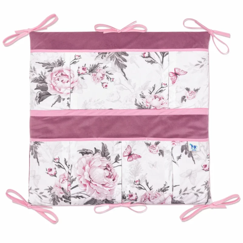 Bawełniany organizer do łóżeczka 52×52 Pink Flowers z velvetem old rosa