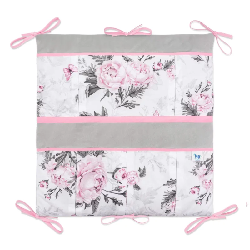 Bawełniany organizer do łóżeczka 52×52 Pink Flowers z velvetem grey