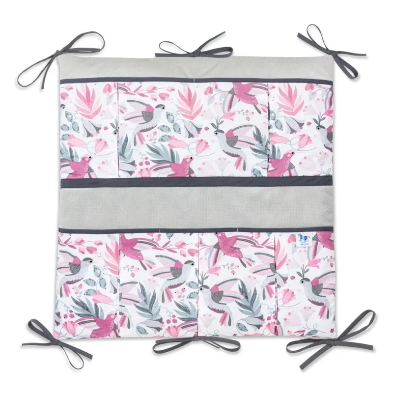 Bawełniany organizer do łóżeczka 52×52 Hummingbird z velvetem grey