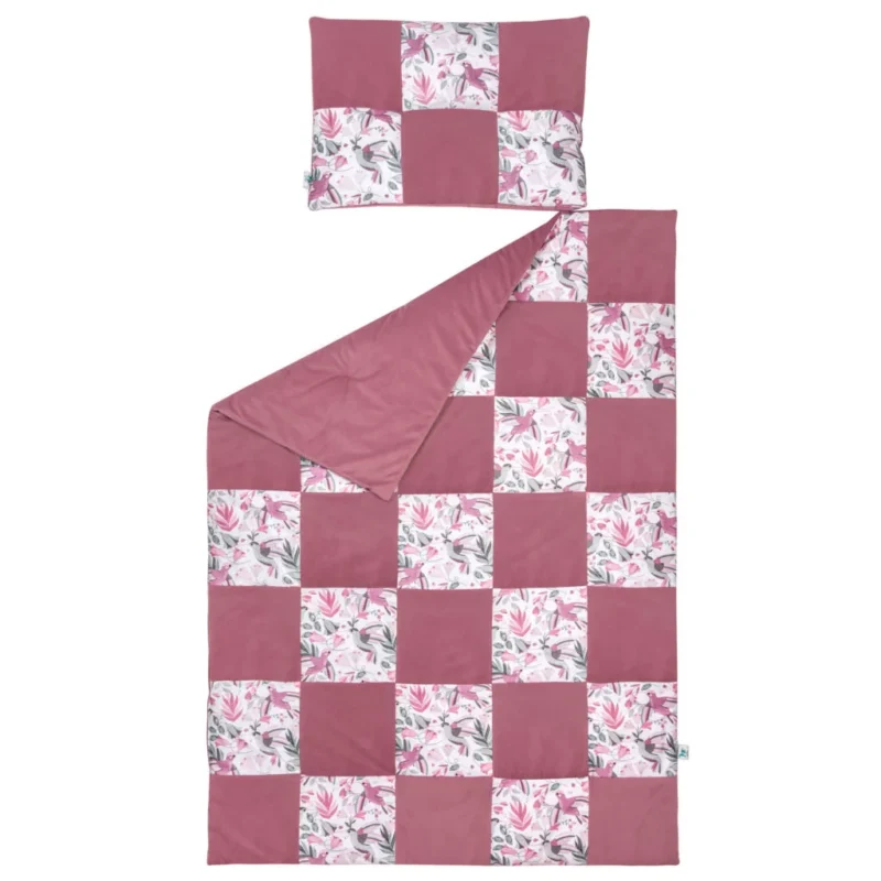 Kołderka patchwork 100×140 z płaską poduszką 40×60 Hummingbird z velvetem old rosa - obrazek 3