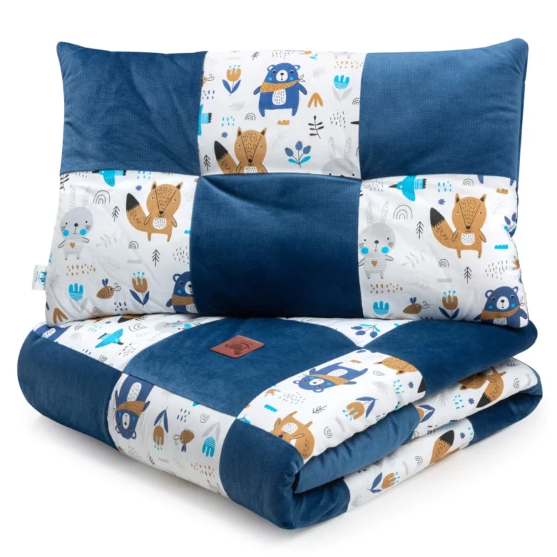 Kołderka patchwork 100×140 z płaską poduszką 40×60 Blue Bear z velvetem