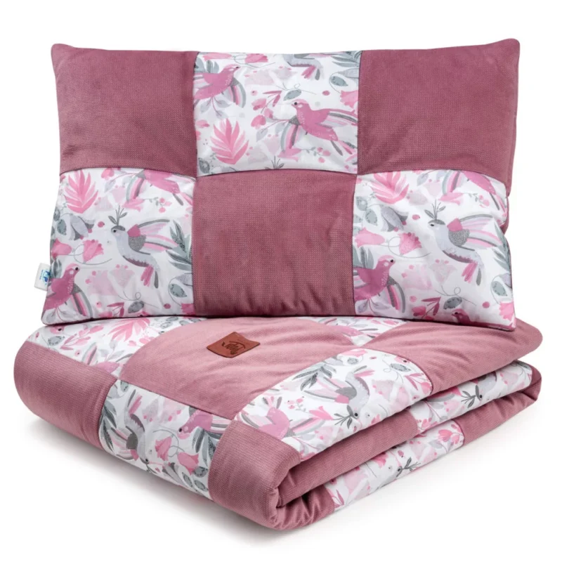 Kołderka patchwork 100×140 z płaską poduszką 40×60 Hummingbird z velvetem old rosa
