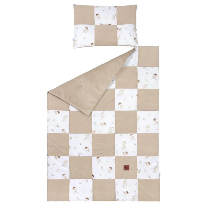Kołderka patchwork 100×140 z płaską poduszką 40×60 Lovely Bird z velvetem - obrazek 3