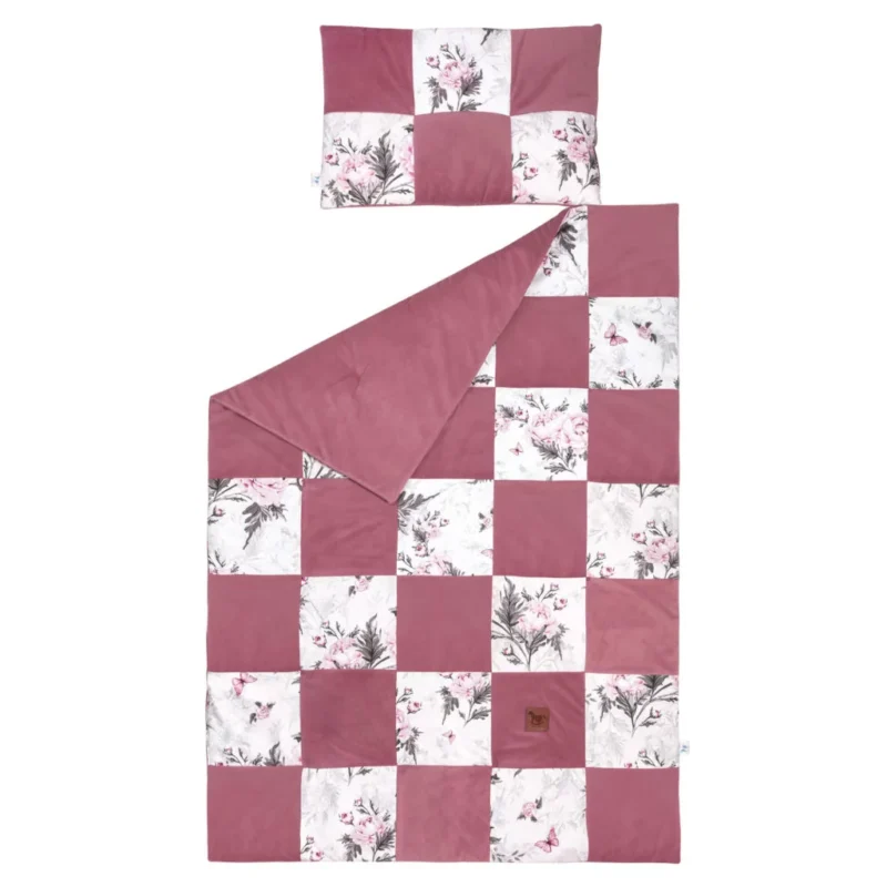 Kołderka patchwork 100×140 z płaską poduszką 40×60 Pink Flowers z velvetem old rosa - obrazek 3