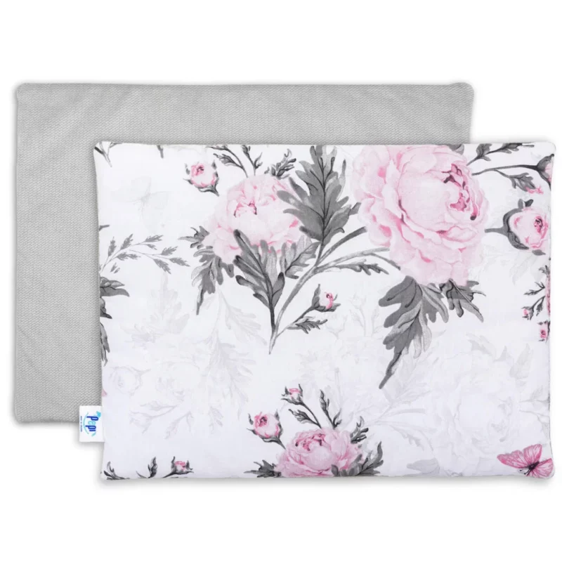 Poduszka płaska 30×40 - Pink Flowers grey - bawełna/velvet - obrazek 2