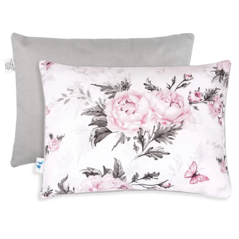 Zestaw kocyk 75×100 i poduszka 30×40 Pink Flowers z velvetem grey - obrazek 3