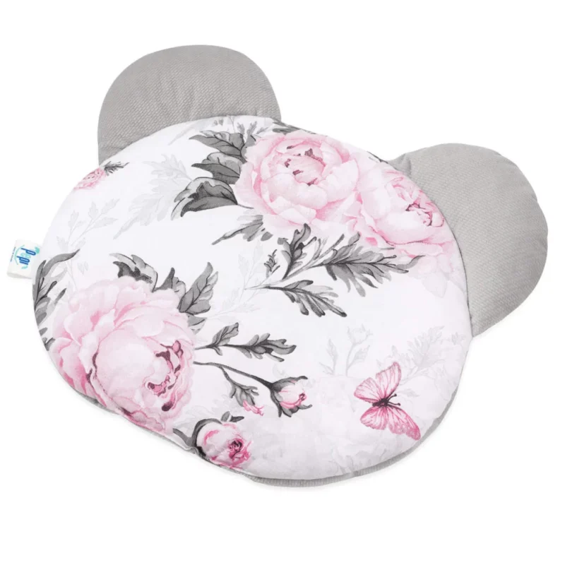 Poduszka płaska MIŚ Pink Flowers z velvetem grey